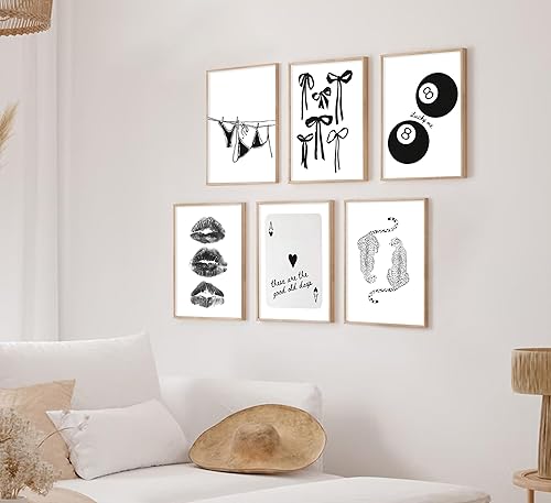 Miniatura 7 de 6 piezas de póquer en blanco y negro de moda, labios de beso, guepardo, bikini, lazo, arte de pared Funky Preppy Lucky 8 Ball Painting Picture Wall