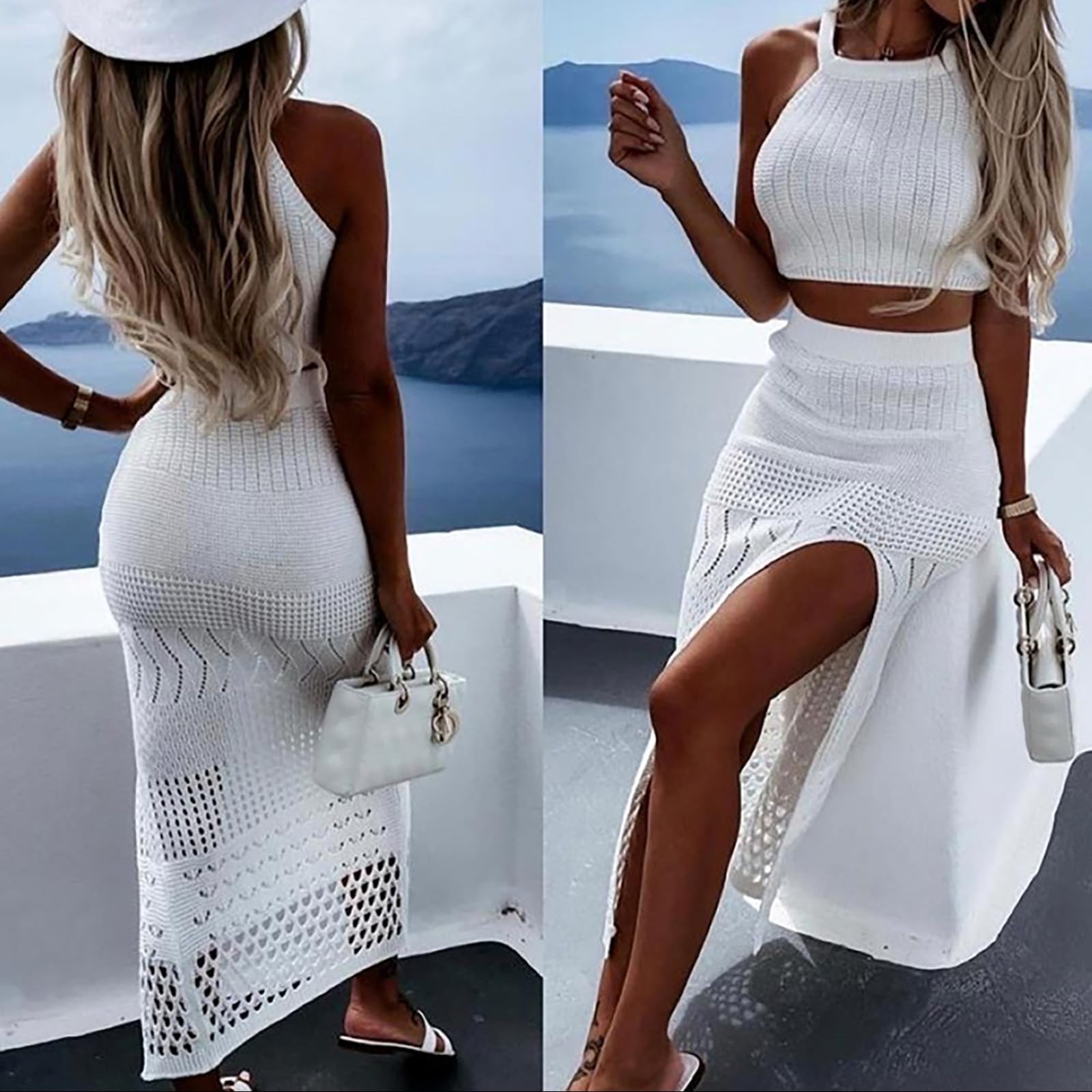 Copricostume Lino Donna-Gonna da Spiaggia Europea E, Costume da Bagno Bikini Vuoto Lavorato A Maglia Tinta Unita da Donna, Copre l'Abbigliamento per La Protezione Solare