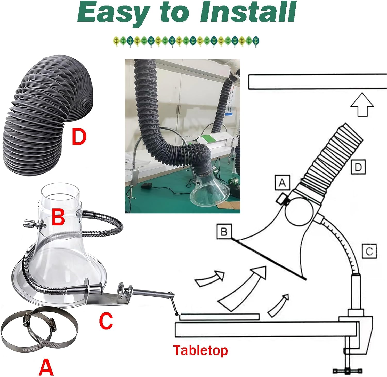 4 3 2-1/2 Inch ID Smoke Extractor Duct Hose, 360° Flexible Worktable Bracket, Industrial Exhaust Gas Removal Pipe with Clear Hood, 30 16 10 6 Ft