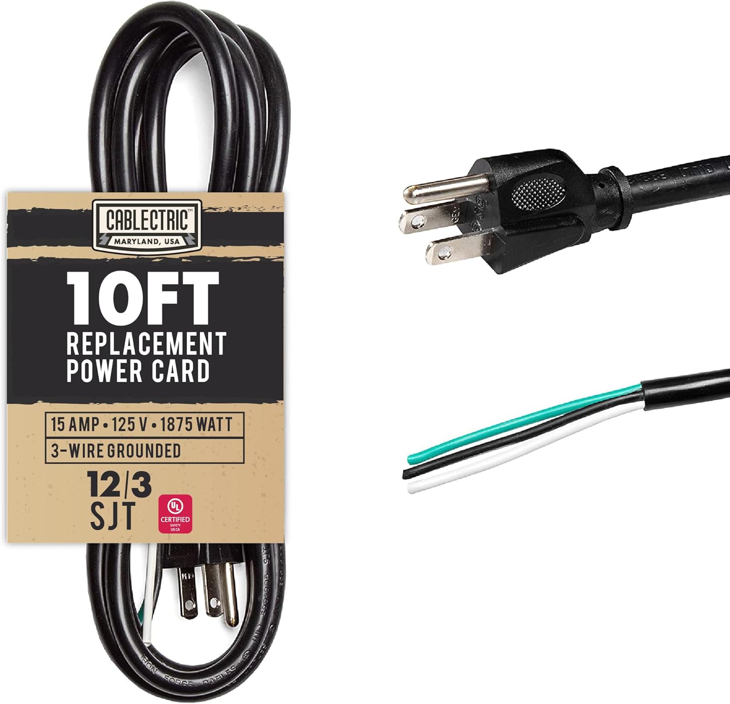 10 Foot 12 AWG Replacement Cord with Open End - Black Extension Cable, 12/3 SJT, NEMA 5-15P