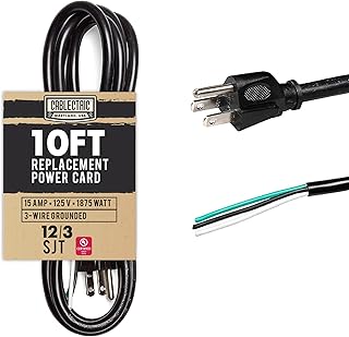 Cablectric 10 Foot 12 AWG Replacement Cord with Open End - Black Extension Cable, 12/3 SJT, NEMA 5-15P