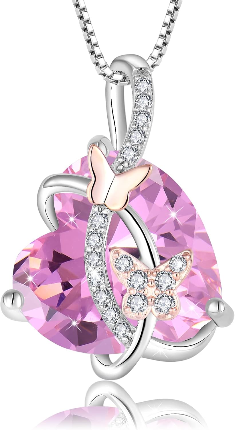 925 Sterling Silver Butterfly Heart Necklaces for Women, 5A Cubic Zirconia Birthstone Pendant Jewelry Gifts, Anniversary Birthday Christmas Gifts for her