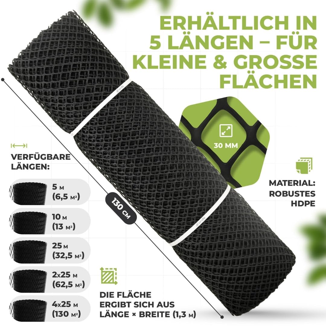 Florade Kratka trawnikowa o szerokości 1,3 m – siatka przeciw kopaniu psów – siatka z tworzywa sztucznego HDPE do wzmocnienia trawnika – oczka 30 mm – 600 g/m² – elastyczna możliwość przycięcia