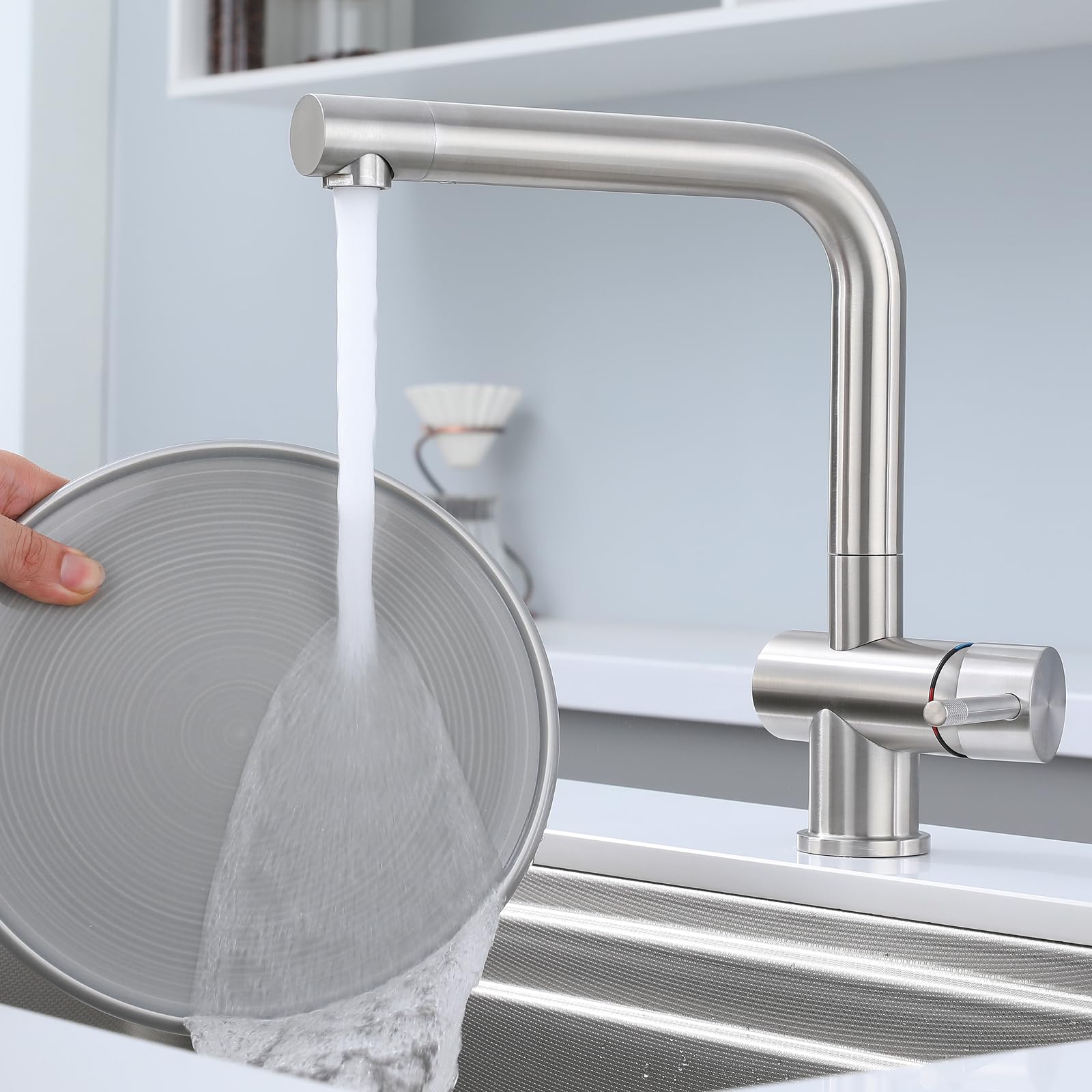 Wasserhahn Küche Edelstahl Küchenarmatur mit L-förmigem 360° Schwenkauslauf einhebelmischer küche, Drehbare Düse,wasserhahn für küche