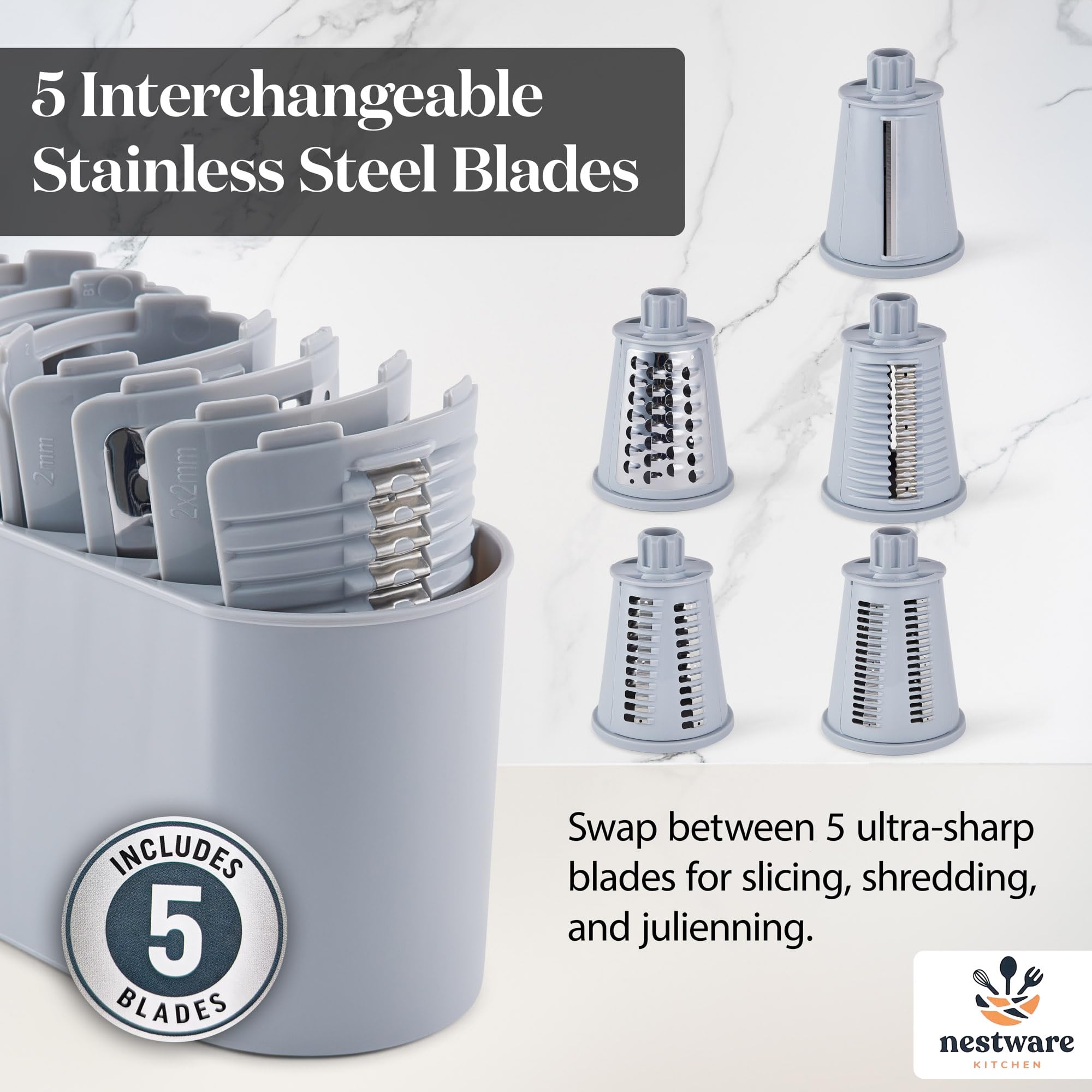 Rotary Cheese Grater 5 Blade Cheese Shredder Reinforced Suction & 5 Interchangeable Drums - Easy to Use Vegetable Chopper (White)