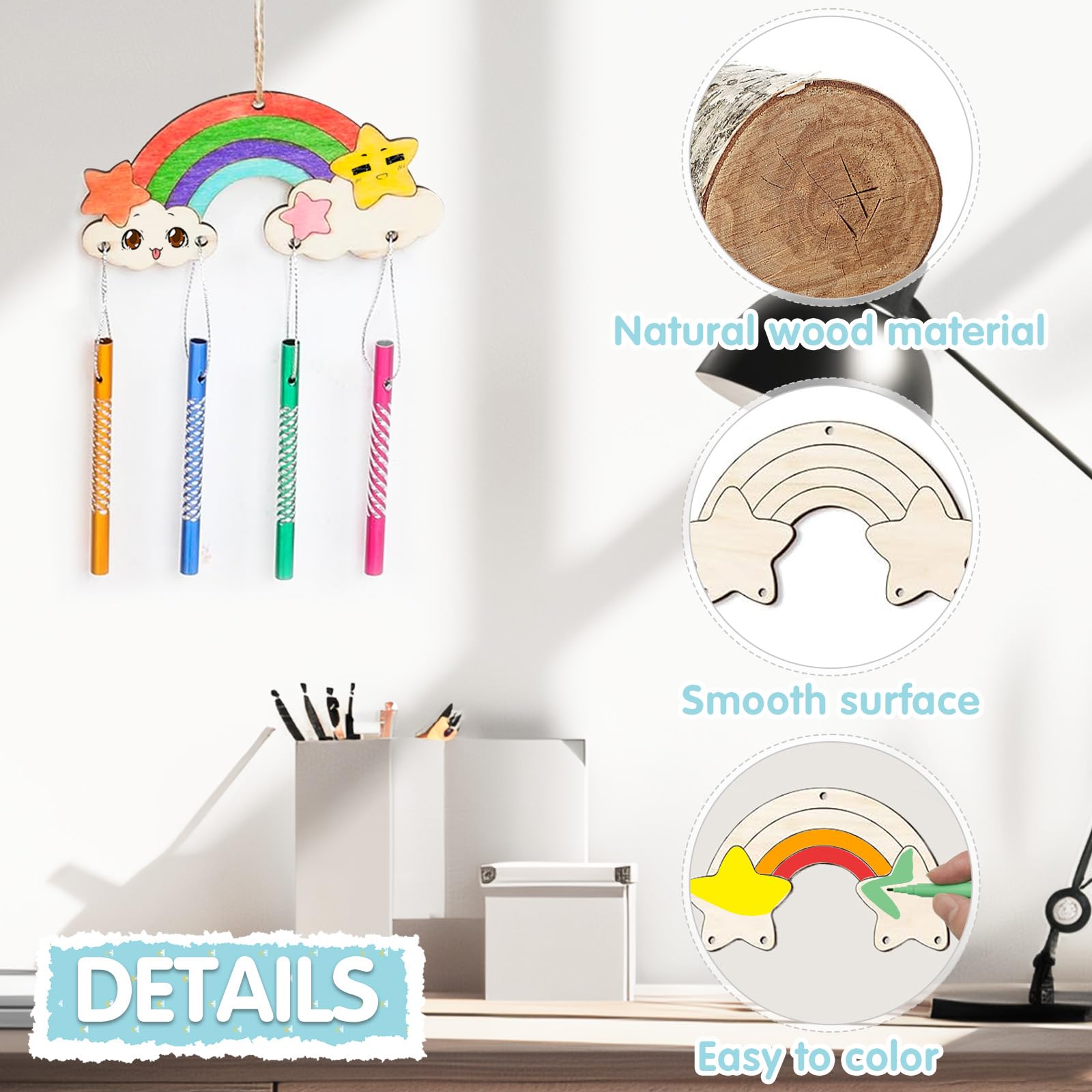 CYCLYTE Windspiel Bastelset Für Kinder – 12-teilig, Regenbogen-Design, Mit Holz, Röhren & Aufklebern, Kreatives DIY-Set