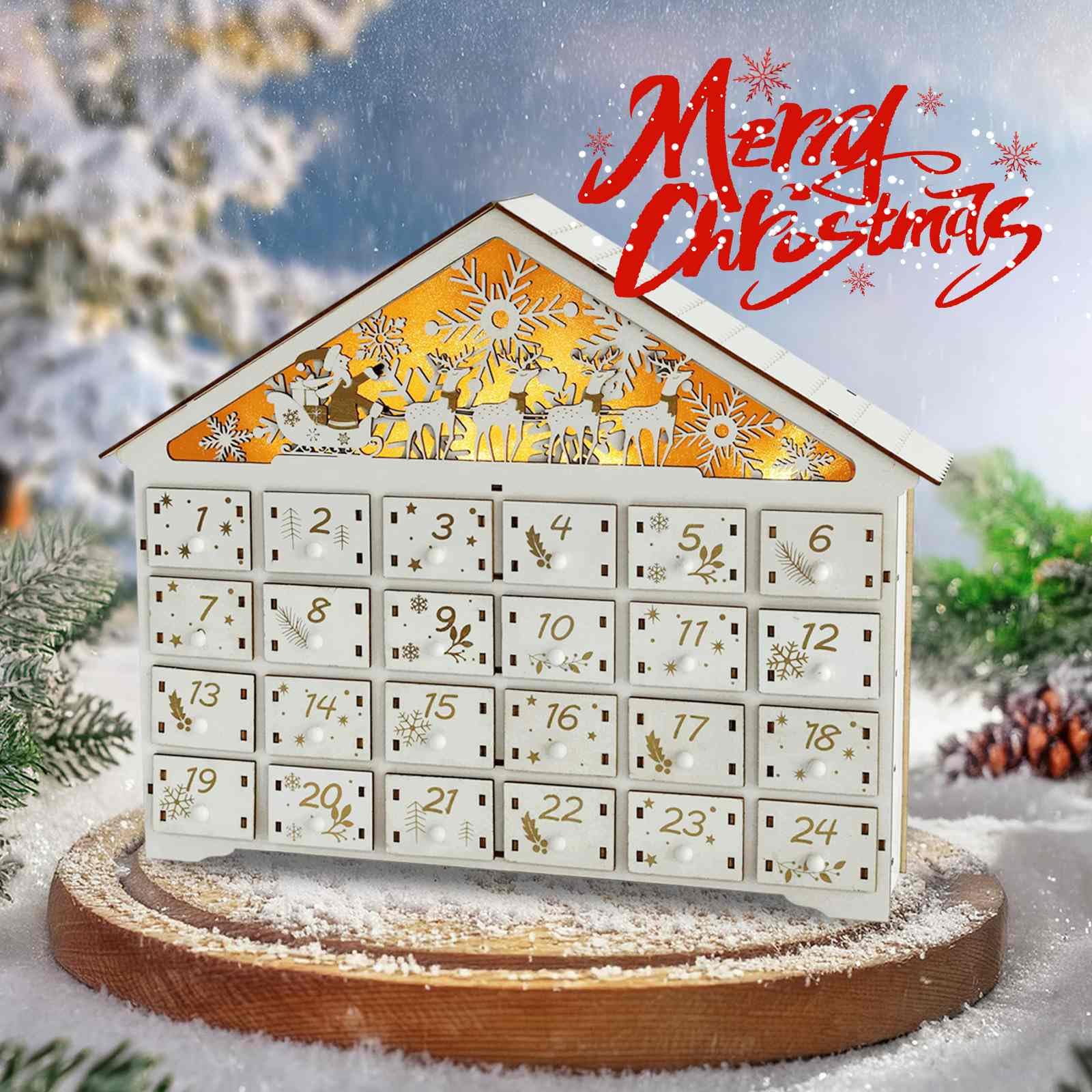 Calendario Ee dell'Avvento in legno con luci a LED,Casa con 24 cassetti di stoccaggio, calendario dell'Avvento da riempire da soli per bambini, decorazione natalizia (cervo bianco)
