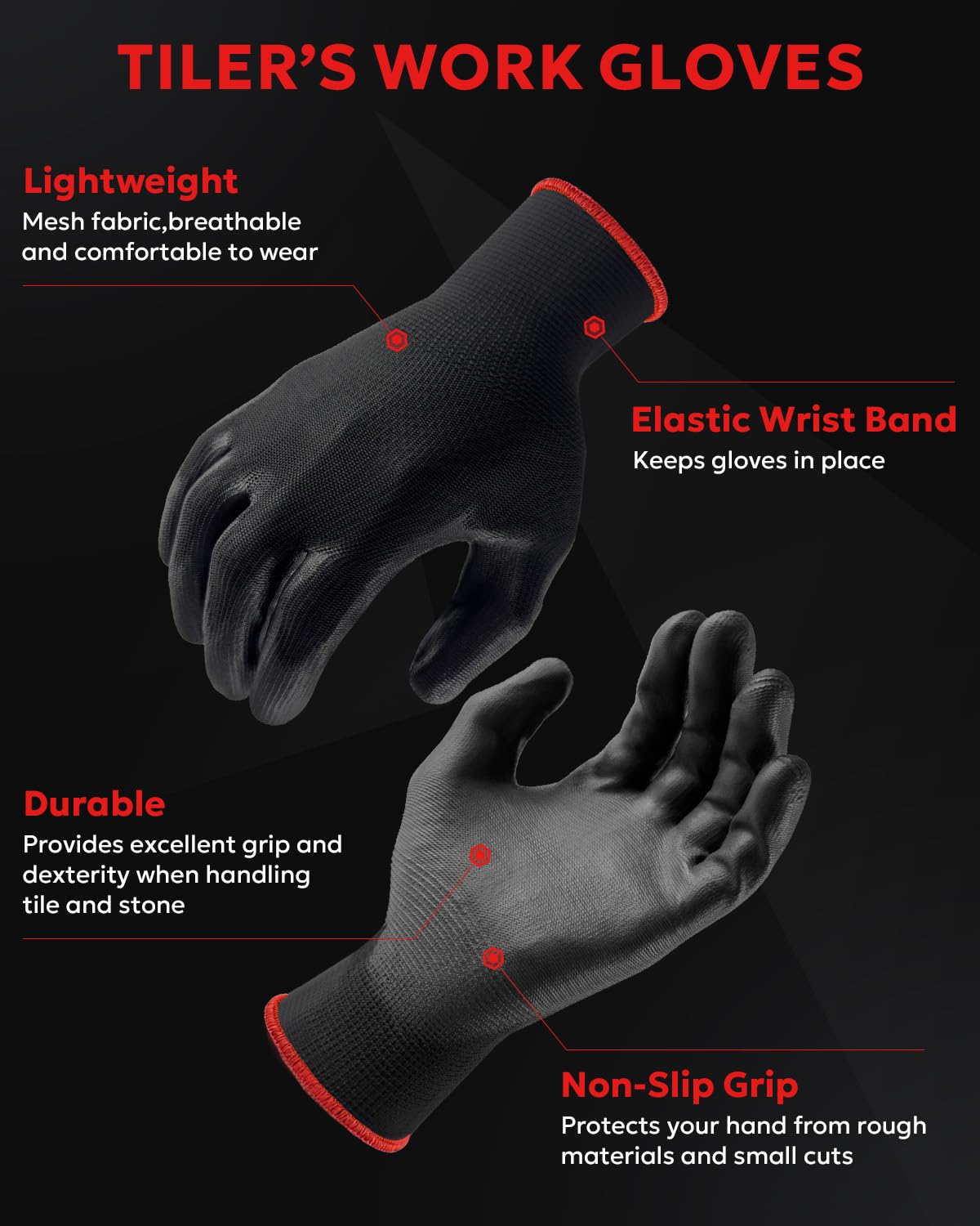 12 pares de guantes de trabajo ultrafinos con revestimiento de poliuretano, transpirables, ligeros para precisión, jardinería, mejoras del hogar (negro, L)