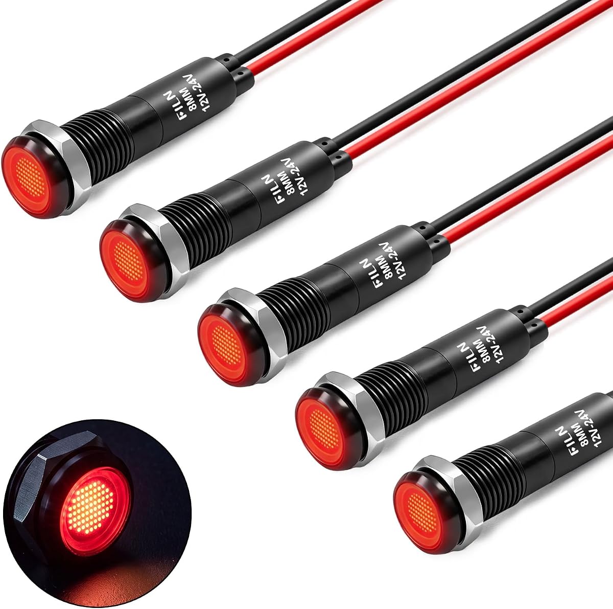 5Pcs 8MM (5/16'') Indicator Light led Indicator Light 12V 24v Metal Pilot Lamp Light Black Anodized Waterproof ip67 Red Signal Lamp Light(12V-Black Anodized-Red 5Pcs)