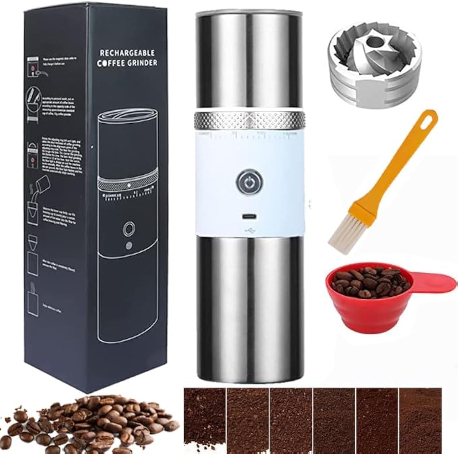 Portable Electric Conical Burr Coffee Grinder,Cordless Rechargeable Travel Coffee Maker with grinder Stainless Steel Espresso Coffee Bean Machine with 15 Grind Settings Fine to Coarse (White)