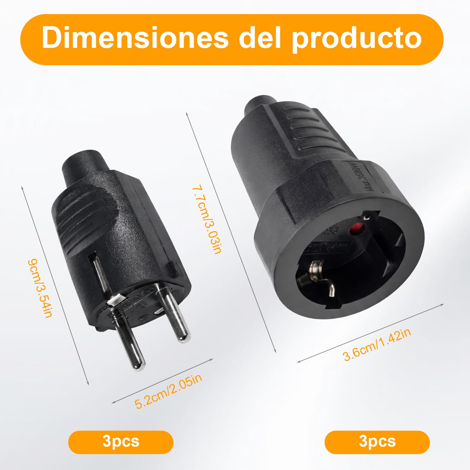 Kit de 3 Enchufes Schuko 250V IP44 – Clavija Enchufe Macho y Hembra con Alivio de Tensión para Interior y Exterior, 16A | 2 polos | Carcasa de Goma (Negro)