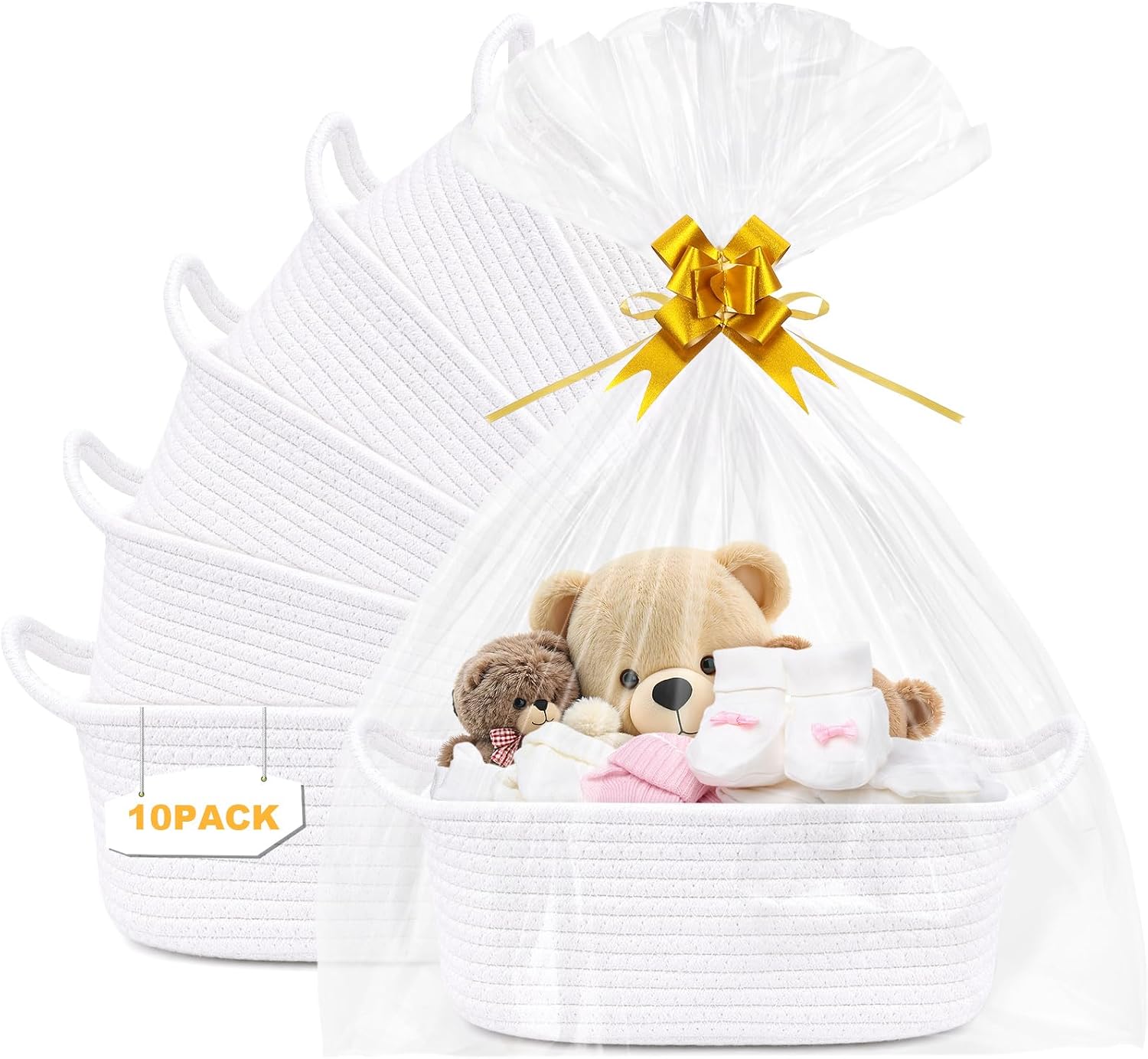 10 Pack Empty Gift Baskets, 12x8x5 Small White Woven Cotton Rope Baskets with Gift Bags & Ribbons, Decorative Baby Shower Hamper, Nursery Storage Basket with Handles for Shelves