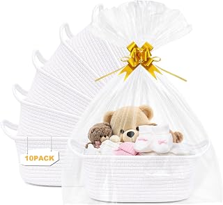 Mkway 10 Pack Empty Gift Baskets for Filling, 12x8x5 Small White Woven Cotton Rope Baskets with Gift Bags & Ribbons, Decorative Baby Shower Hamper, Nursery Storage Basket with Handles for Shelves