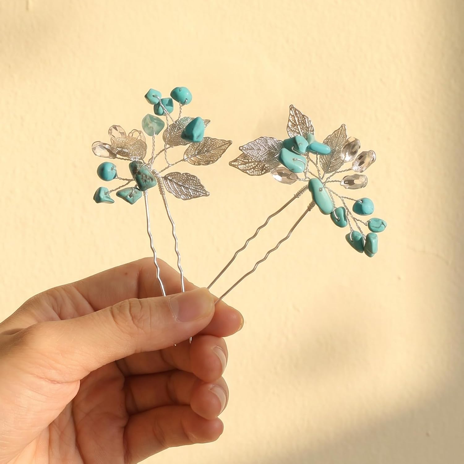 Amabro Bridal Turquoise Hair Pins Western Hair Accessories Silver Leaf Rhinestone Retro Clips Vintage Barrettes Styling for Women Wedding Decorative Gifts