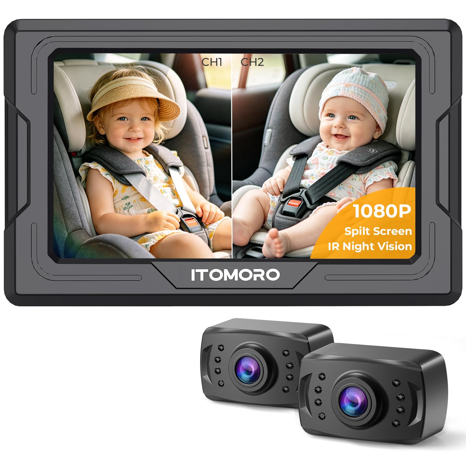 Itomoro Kamera samochodowa HD 1080p, dwukanałowy wyświetlacz, monitor samochodowy dla niemowląt z 2 kamerami noktowizyjnymi na podczerwień, łatwa instalacja kamery samochodowej 10,3 cala dla niemowląt
