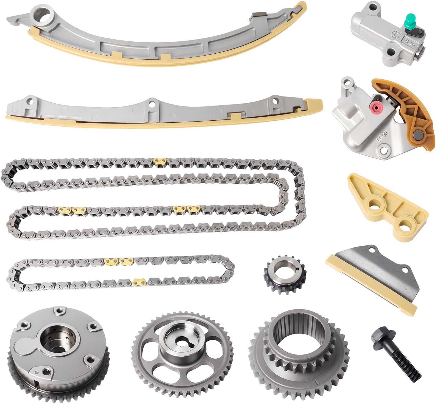 Engine Timing Chain Kit with Camshaft Adjuster for 2008-2015 Honda Civic, CR-V, Accord, Crosstour & Acura ILX, TSX 2.4L - Includes Guide Rail, Sprocket, Tensioner & VVT Gear