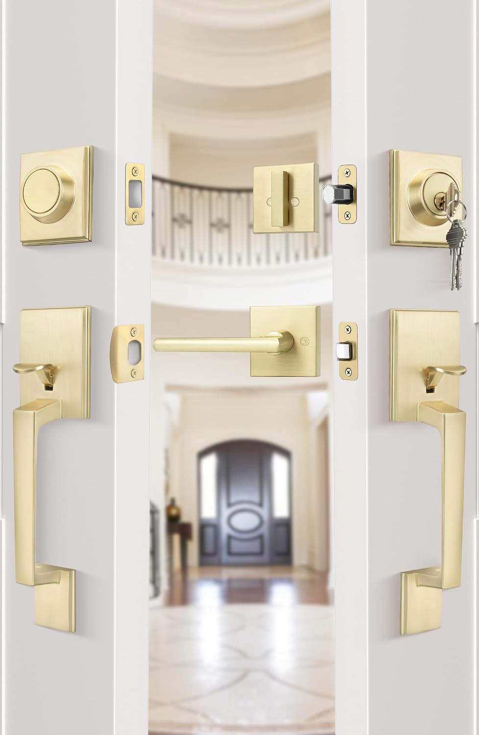 Goldenwarm Double Front Door Lock Set, Gold Double Front Door Handle with Dummy, Square Exterior Door Lever with Reversible Lever, Single Cylinder Deadbolt Combo
