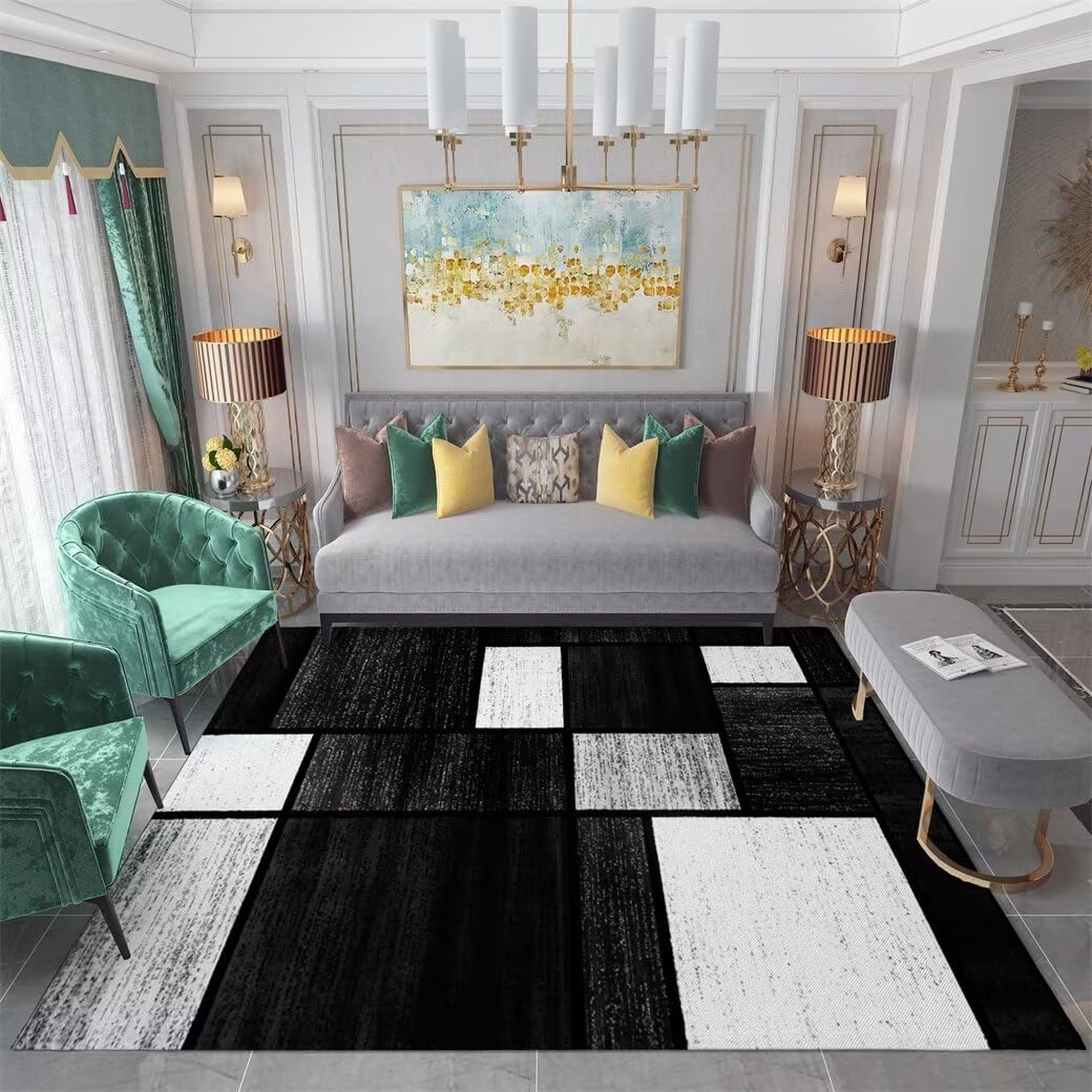 Tapis XXL Salon géométrique moderne noir 200x300cm anti-tache grand format