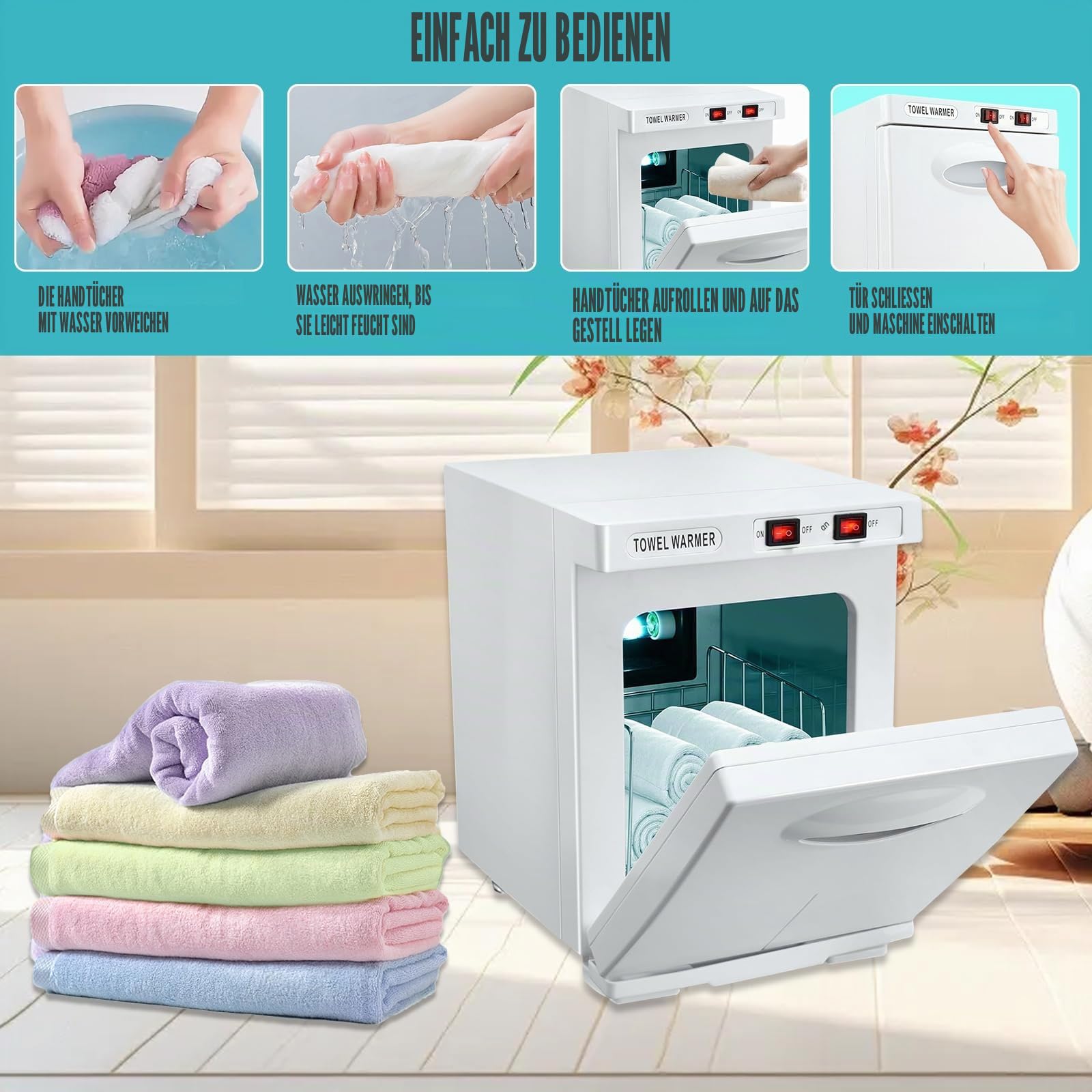 Eznaobo Handtuchwärmer, 5 l, Sterilisator, 176 °C, UV-Sterilisator, 360 ° Heizfunktion, warmer Handtuchschrank für Schönheit, Wohnzimmer, Spa, Maniküre (weiß)