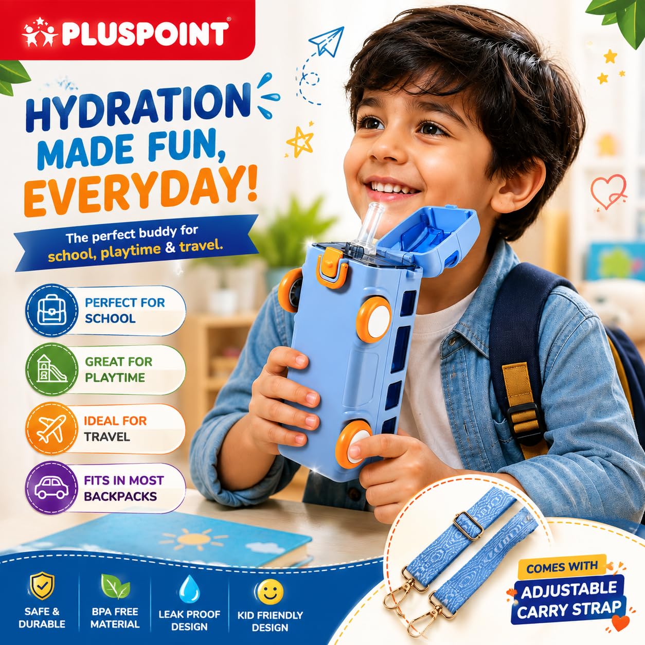 PLUSPOINT Bus Shape Water Bottle for Kids Detachable Straw with Shoulder Strap Leak-Proof Cartoon Water Bottle with Wheels (Color-Blue), Silicone, 500 ML — Amazon image 3