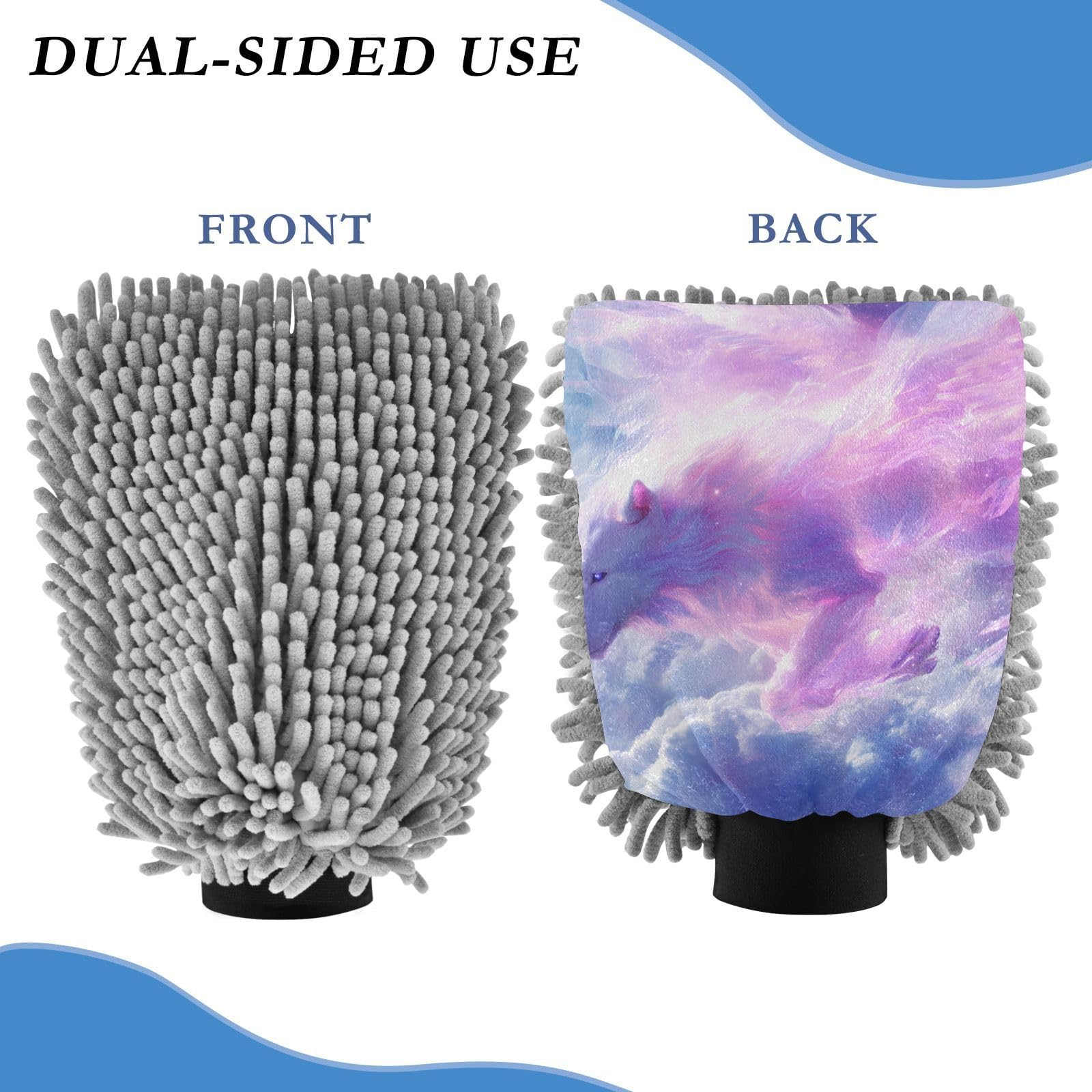 ALAZA Winged Wolf Car Wash Mitt Scratch Free, 2 Pack Absorbent Microfiber/Chenille Washing & Drying Mitts, L