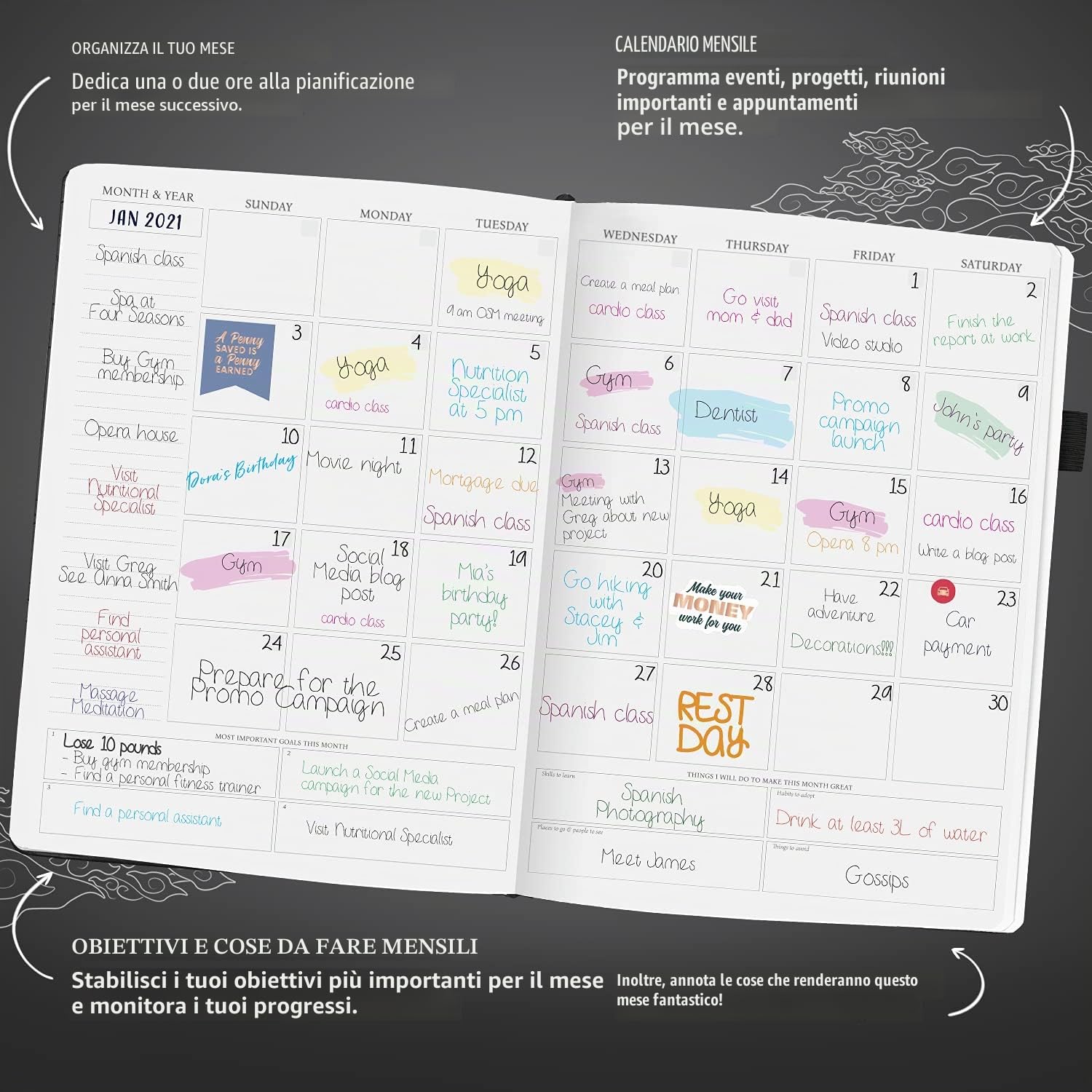 Legend Planner Programmazione oraria, agenda settimanale e giornaliera con fessure orarie, diario per appuntamenti per lavoro e personale, A4 (nero)