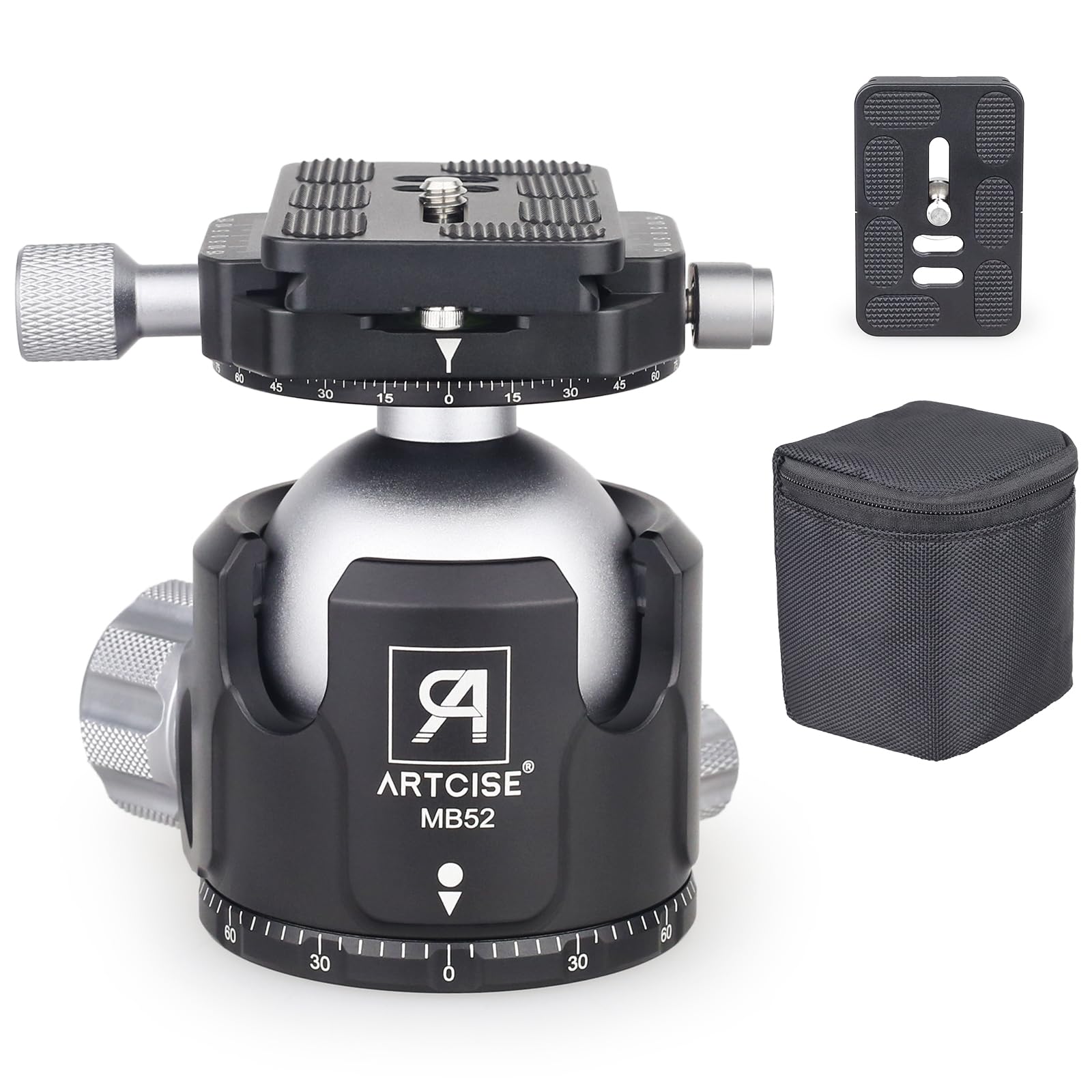 ARTCISE Cabeza de Bola de Alta Resistencia, Cabeza de trípode de Perfil bajo panorámico Dual de 52 mm y 2 Placas de liberación rápida de 1/4 de Pulgada para trípode Slider DSLR Carga máxima de 30 kg