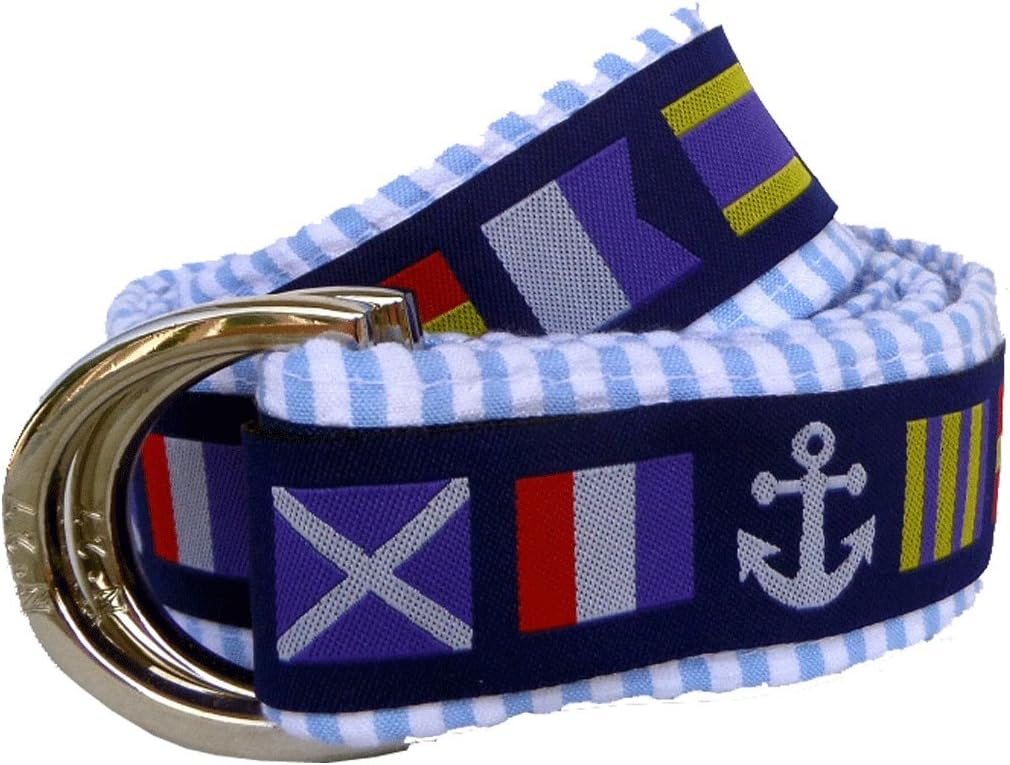 No27 Women's Nautical Flags Seersucker Belt, Nautical Flags Ribbon on Blue Seersucker