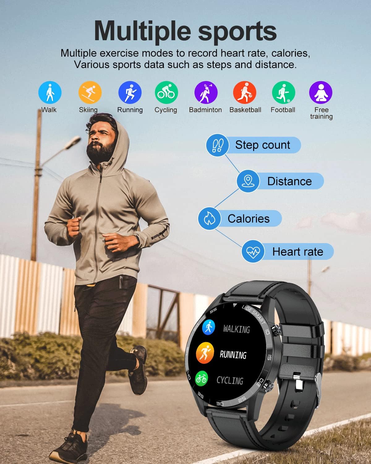 A man running outdoors, with the LIGE Smartwatch displaying various sports modes and metrics like step count, distance, calories, and heart rate.