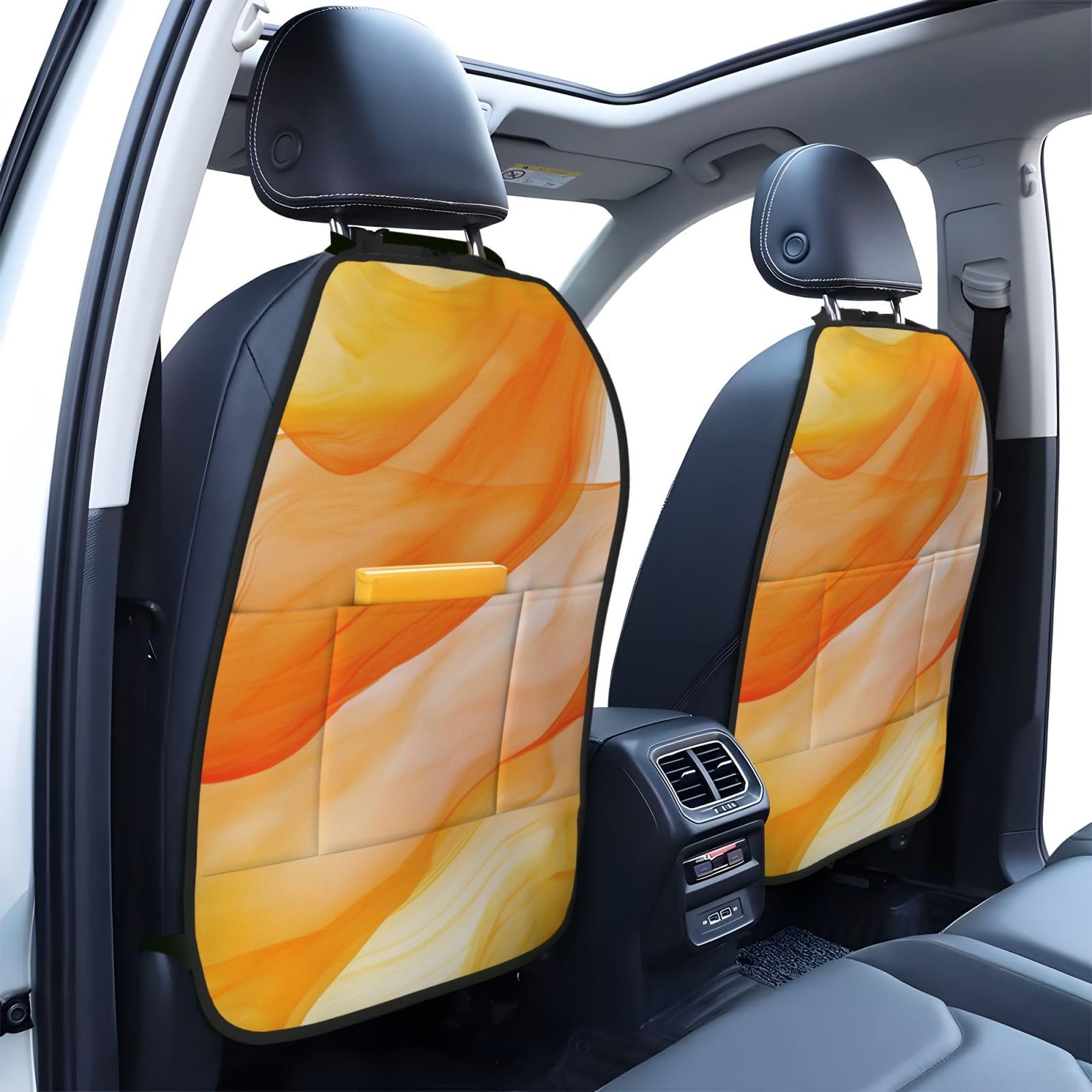 Watercolor Pastel Orange And Yellow Color Car Seat Back Kick Protectors,2 Pack Kick Mats With Storage Pockets For Vehicles To Protect From Dirt Mud Scratches