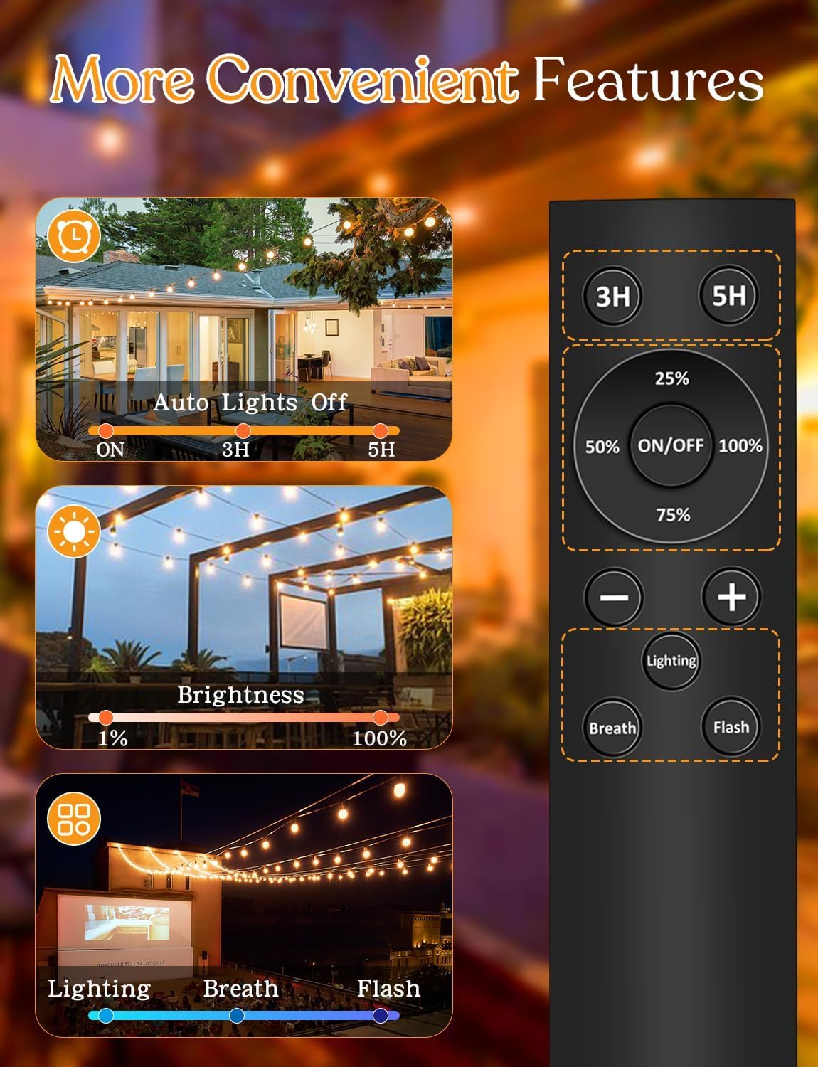 Catena Luminosa Esterno con Telecomando - 45M / 150FT Dimmerabile Luci da Esterno con 60+2 G40 LED Lampadine Impermeabile, 4 Modalità e Temporizzazione Funzione per Giardino Festa Matrimonio Cortile