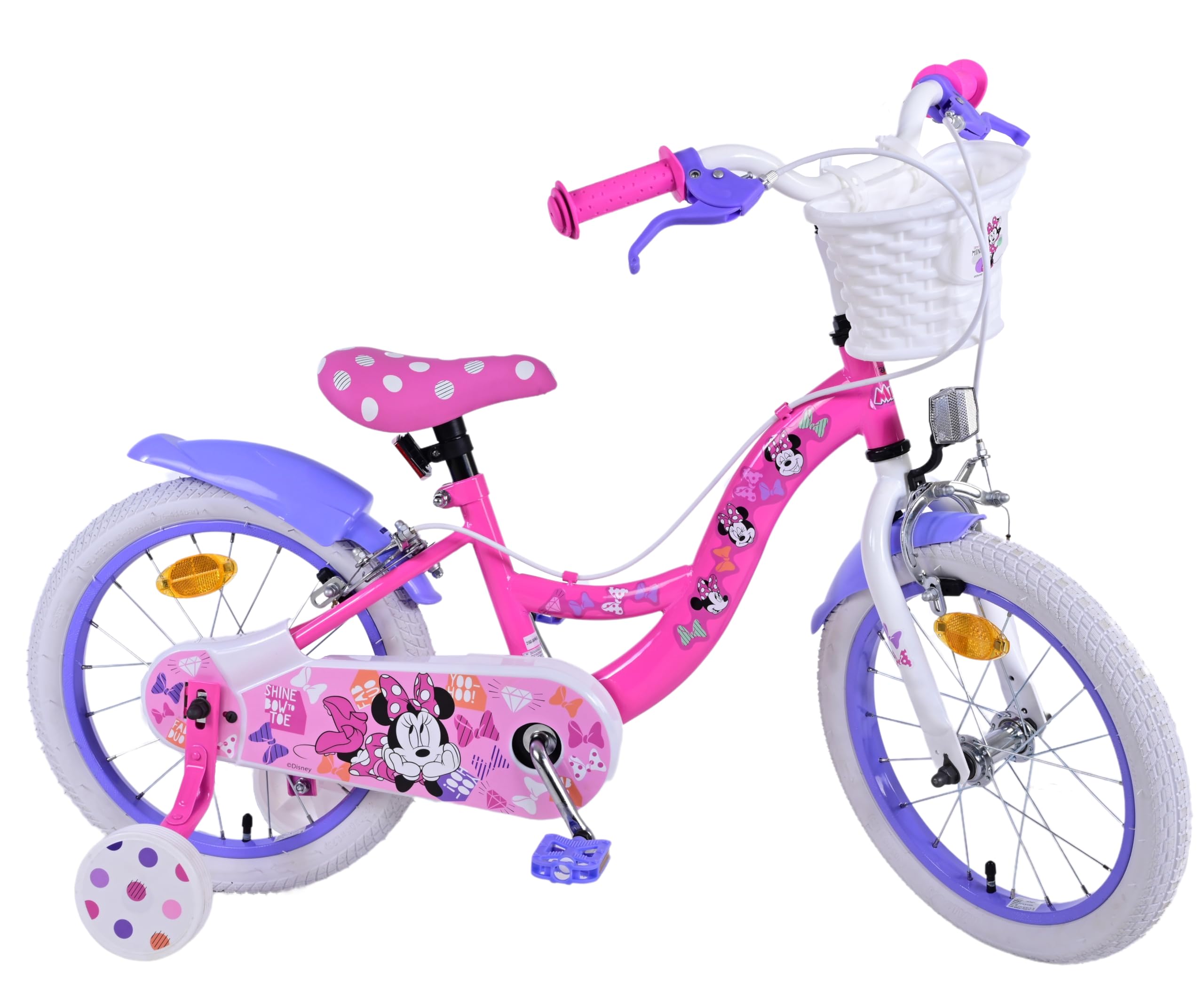 Volare Disney Minnie Cutest Ever Pink Kids Bike | Ages 4-6 | 16 Inch Wheel | 2 Handbrakes (Front & Back), Removable Stabilisers & Pedal Reflectors | Adjustable Height | Handlebar Basket | Girls Gift โ image 1