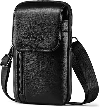 Mens Leather Phone Belt Holster with Belt Clip, Small Crossbody Bag with Shoulder Strap Cell Phone Purse Travel Outdoor Carry Pouch Fit for iPhone 17 Pro Max Samsung Galaxy S26 Ultra Black