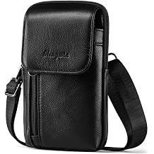 Men's Leather Phone Belt Holster with Belt Clip, Small Crossbody Bag with Shoulder Strap Cell Phone Purse Travel Outdoor Carry Pouch Fit for iPhone 17 Pro Max Samsung Galaxy S26 Ultra Black