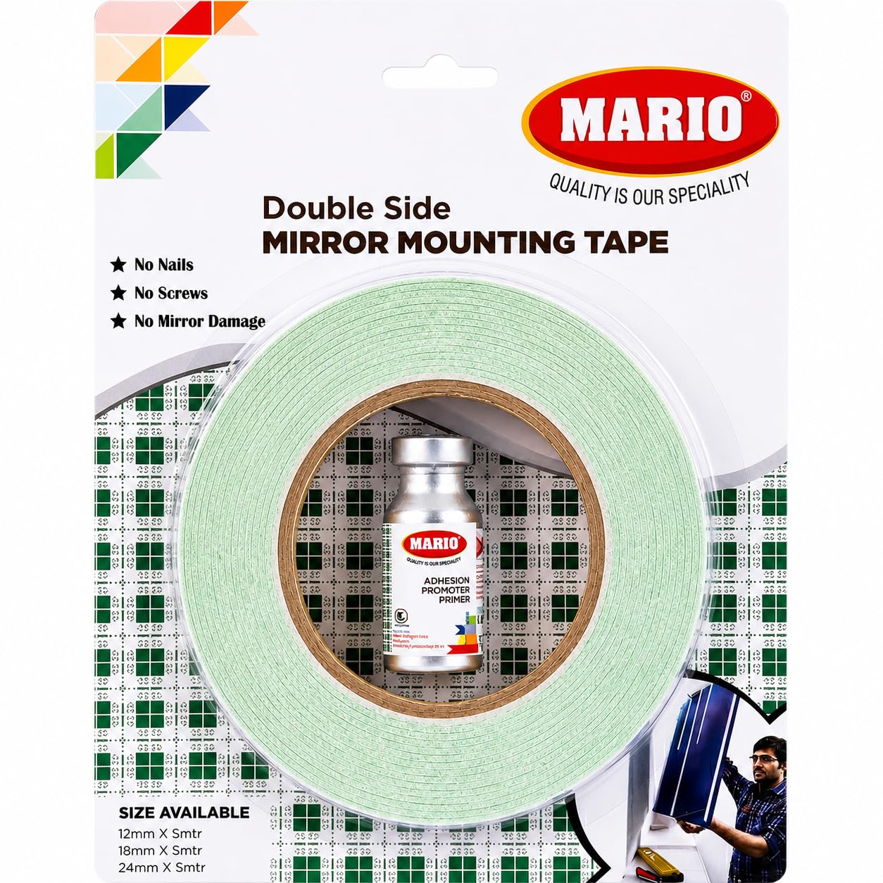 Mario Mirror Mounting Tape 18mm x 5m Very High Bond Heavy Duty Double Sided Foam Adhesive Tape with Free Primer Industrial Grade Waterproof No Nails Wall Glass Fixing Tape for Mirrors Frames Decor-image-12