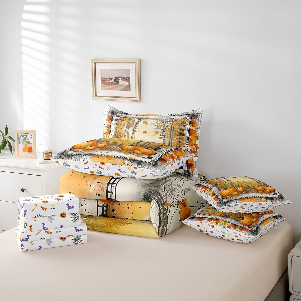 Erosebridal Autumn Decor Queen Comforter Set 7pcs Harvest Pumpkin Bedding Comforter Sets, Oil Painting Aesthetic Bed in a Bag Fall Jungle Tree Bedding Set, Maple Leaves Print Bed Sheets Set