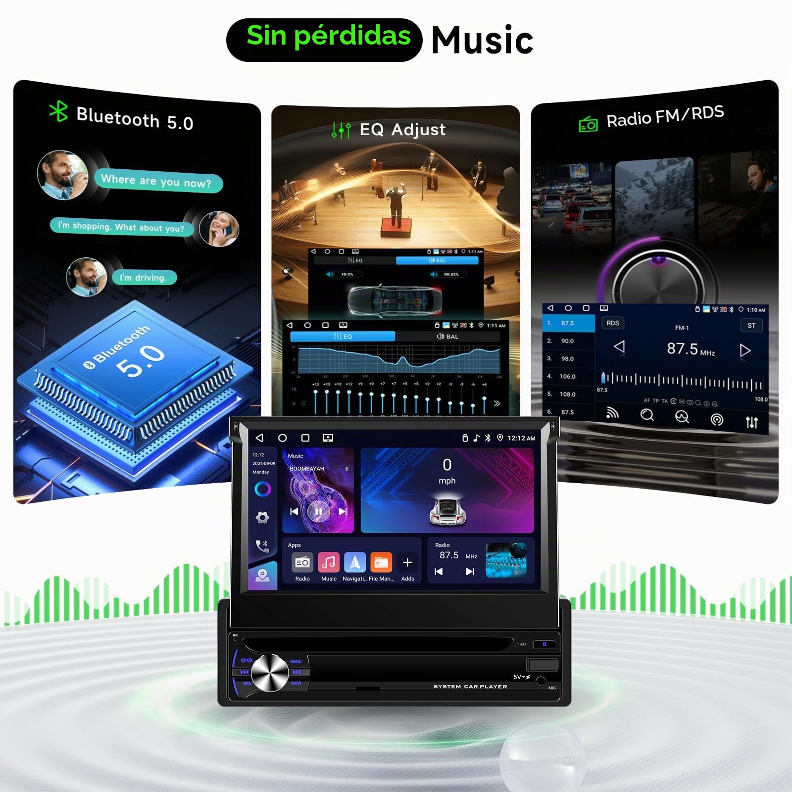 Hodozzy 4G+64GB Radio Coche 1 DIN Android con CarPlay Android Auto Inalámbrico, Pantalla Táctil HD de 7 Pulgadas Retráctil Pantalla 1 DIN con Bluetooth GPS WiFi Mirrorlink FM/RDS Radio USB/AUX Cámara