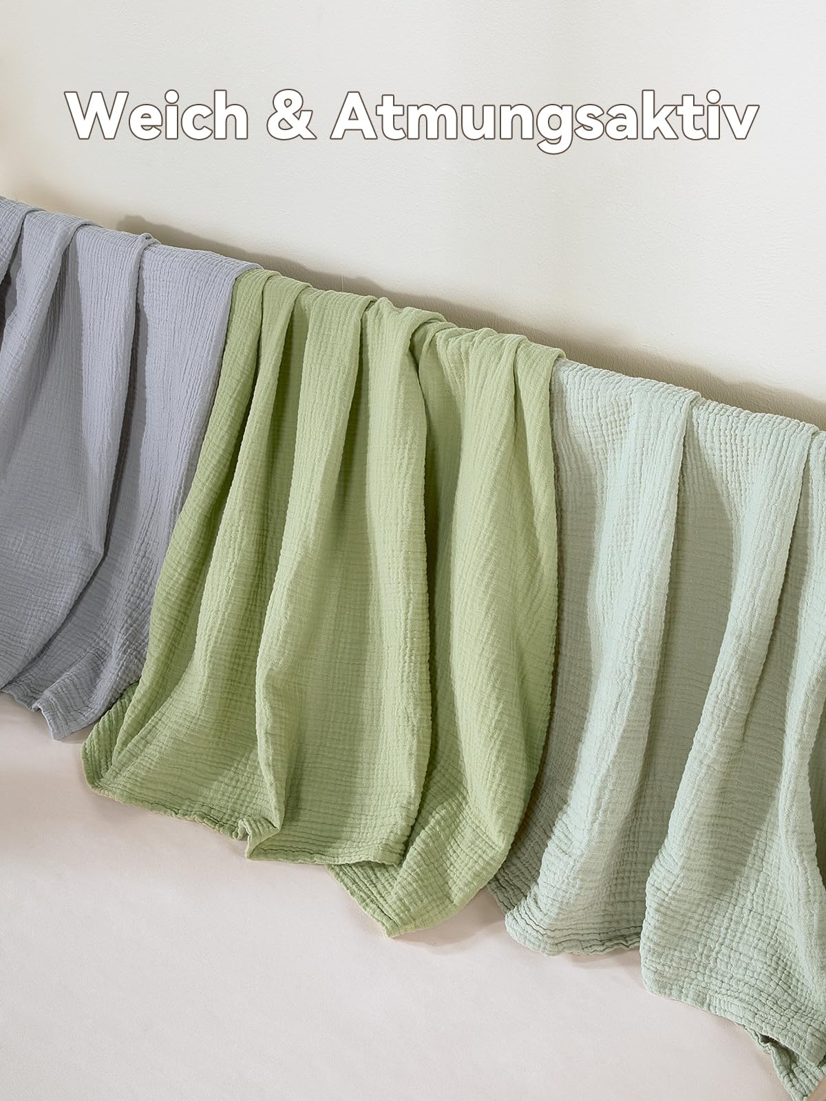 TILLYOU Set di 3 panni in mussola per bambini, 75 x 100 cm, coperta in mussola per bambini, 100% cotone, colore: grigio verde