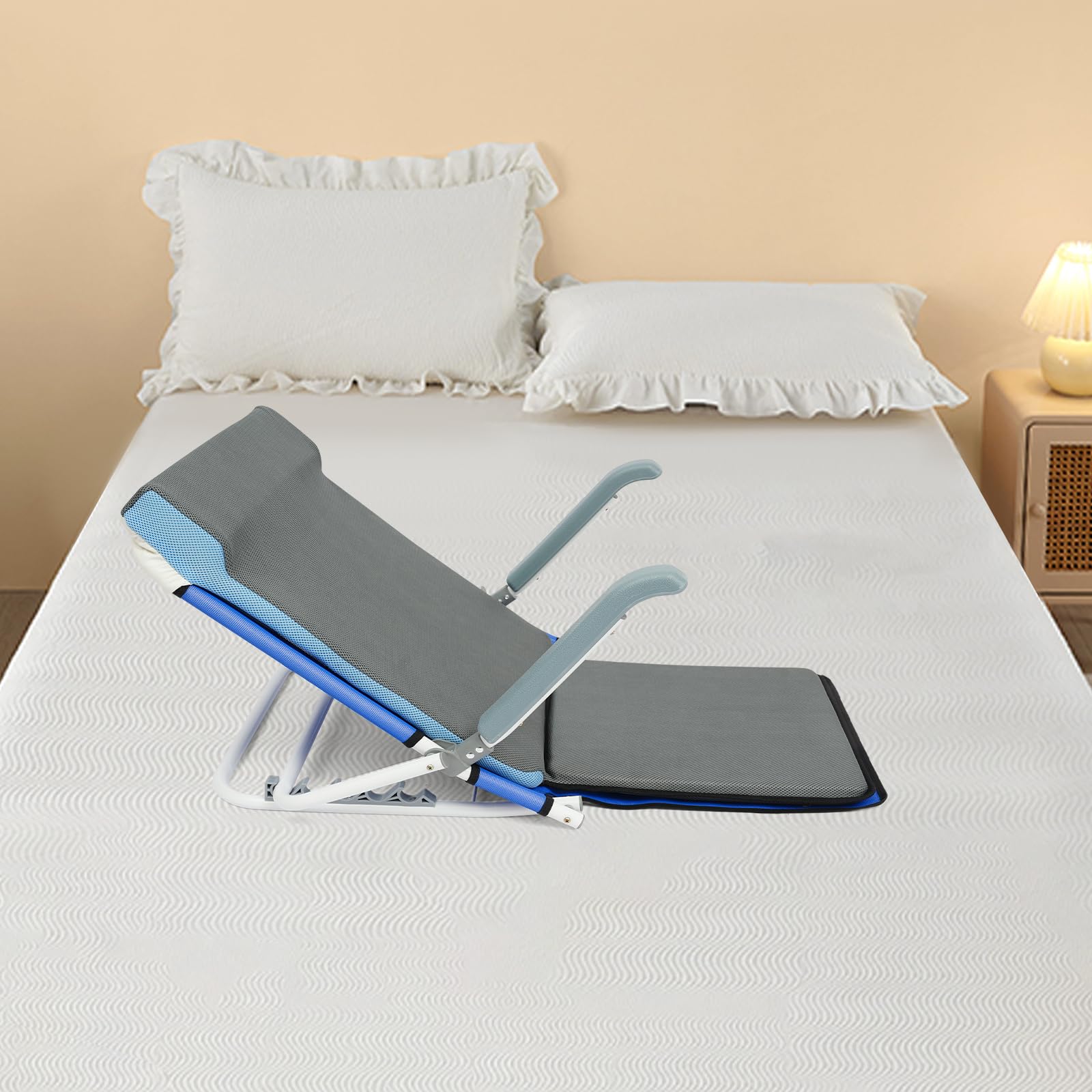 Respaldo ajustable en altura para cama, 5 niveles de inclinación (20°-75°), soporte plegable para cama de hasta 90 kg, con reposacabezas y red transpirable, incluye venda para los ojos