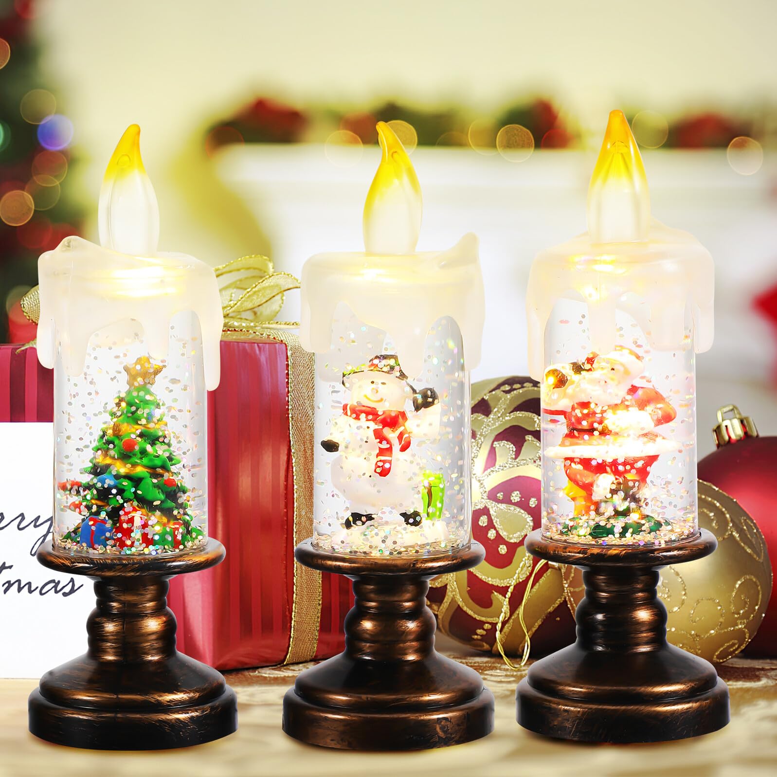 3pezzi Globi di Neve Luminosi Natalizi Candele per Finestre Fiamma LED Realistica Scintillanti Decorazioni Luminose per Centrotavola di Festa per Casa