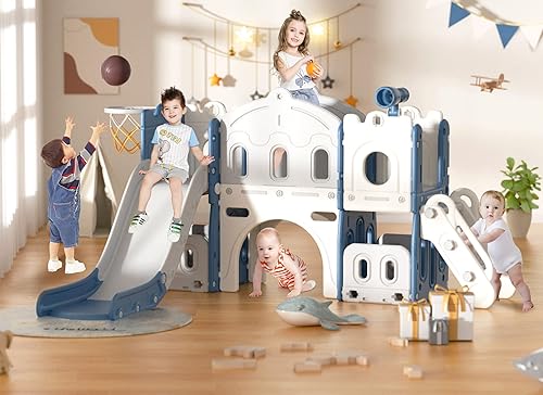 Miniatura 2 de XJD Juego de tobogán 7 en 1, tobogán para niños pequeños a partir de 1 años, juego de tobogán para niños pequeños con aro de baloncesto y pelota,