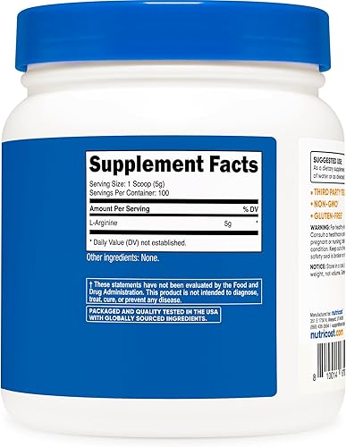 Miniatura 5 de L-Arginina en polvo puro Nutricost, 0.17 onzas por porción, 1