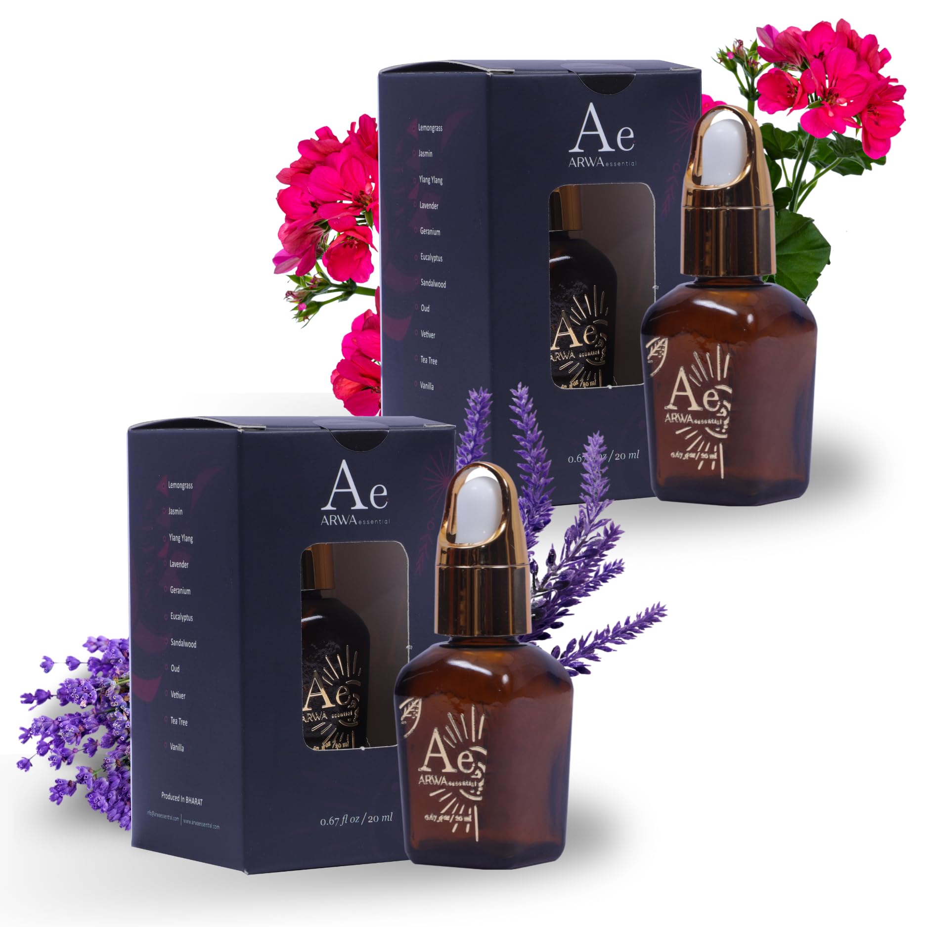ARWA Essentials French Lavender & Geranium Essential Oil Combo Pack - 20ML Each, Pure Organic, Undiluted & Natural Oil - Aromatherapy Oil for Home Fragrance/Aroma Oil Diffuser
