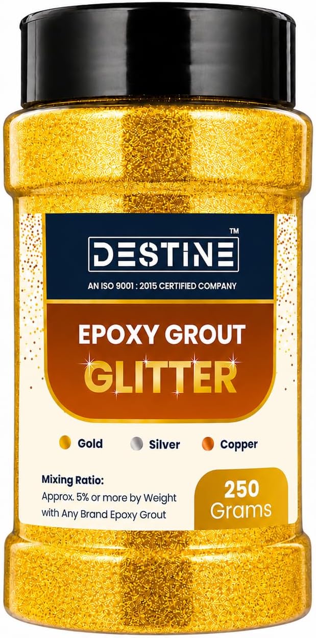 Resin EPOXY Grout Glitter (Gold, Silver, Copper) (MINI Packs: 50 Gm, 100 Gm, 250 Gm), Glitter for Epoxy Grout, Jewels for Tile & Stone Joint, Sparkle for Tile & Stone Joint (250 Grams, Gold)