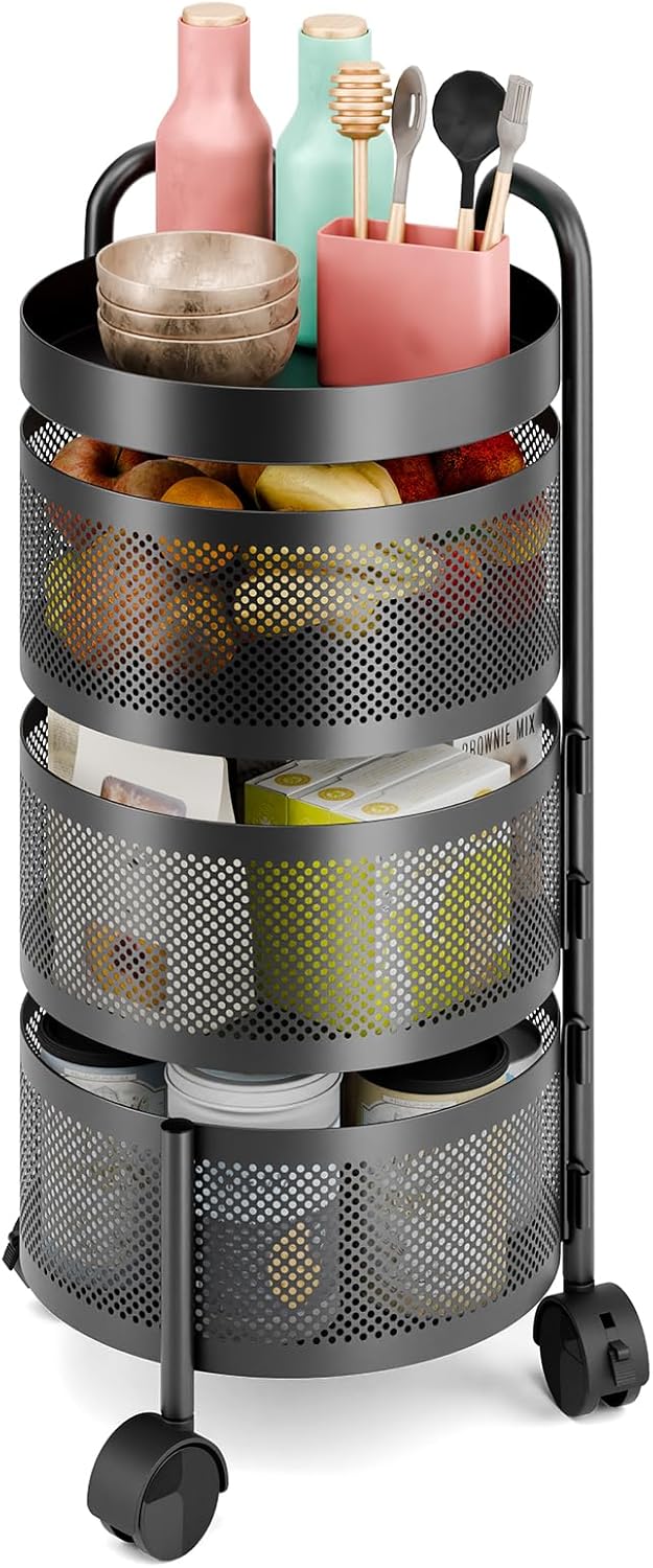 BARMI Rotating Trolley, Kitchen Trolley, Rotating Kitchen Storage Shelves, Kitchen Vegetable Storage Organizer, Fruit Basket Floor Stand Shelf Fruit Tower, 3/4Tiers Triple Layer