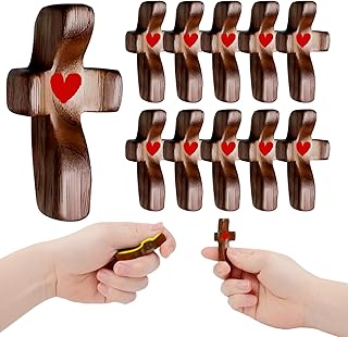 10pcs Handheld Wooden Thumb Cross with My Heart, Christian Gift Anxiety Relief Stress Reduction Prayer Pocket Cross, Wooden Fidget Crosses for Crafts, Religious Clutching Praying Encouragement Gift Present(10 Red)