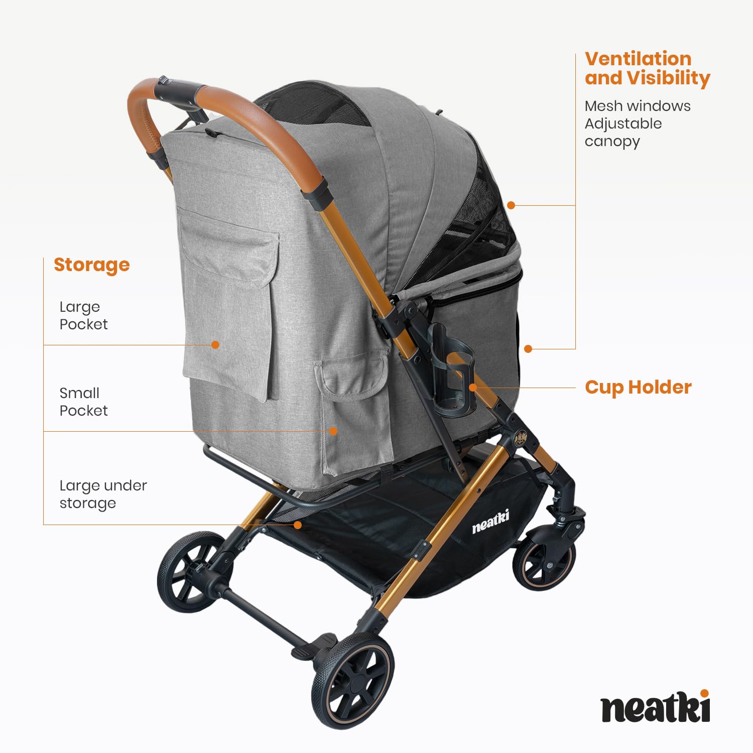 Passeggino pieghevole per cani e gatti, capacità 31,8 kg, ruote anteriori girevoli a 360°, piega con un clic, sistema frenante, clip per guinzaglio e bloccaggio, imbottitura rimovibile e