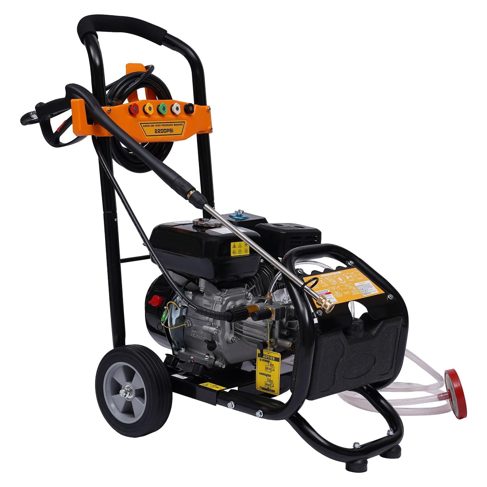 Limpiador de alta presión de gasolina, 2200 psi, 7,5 HP, limpiador de alta presión, inalámbrico, limpiador de terraza, juego de accesorios, motor de gasolina con ruedas y 5 boquillas para suelos y