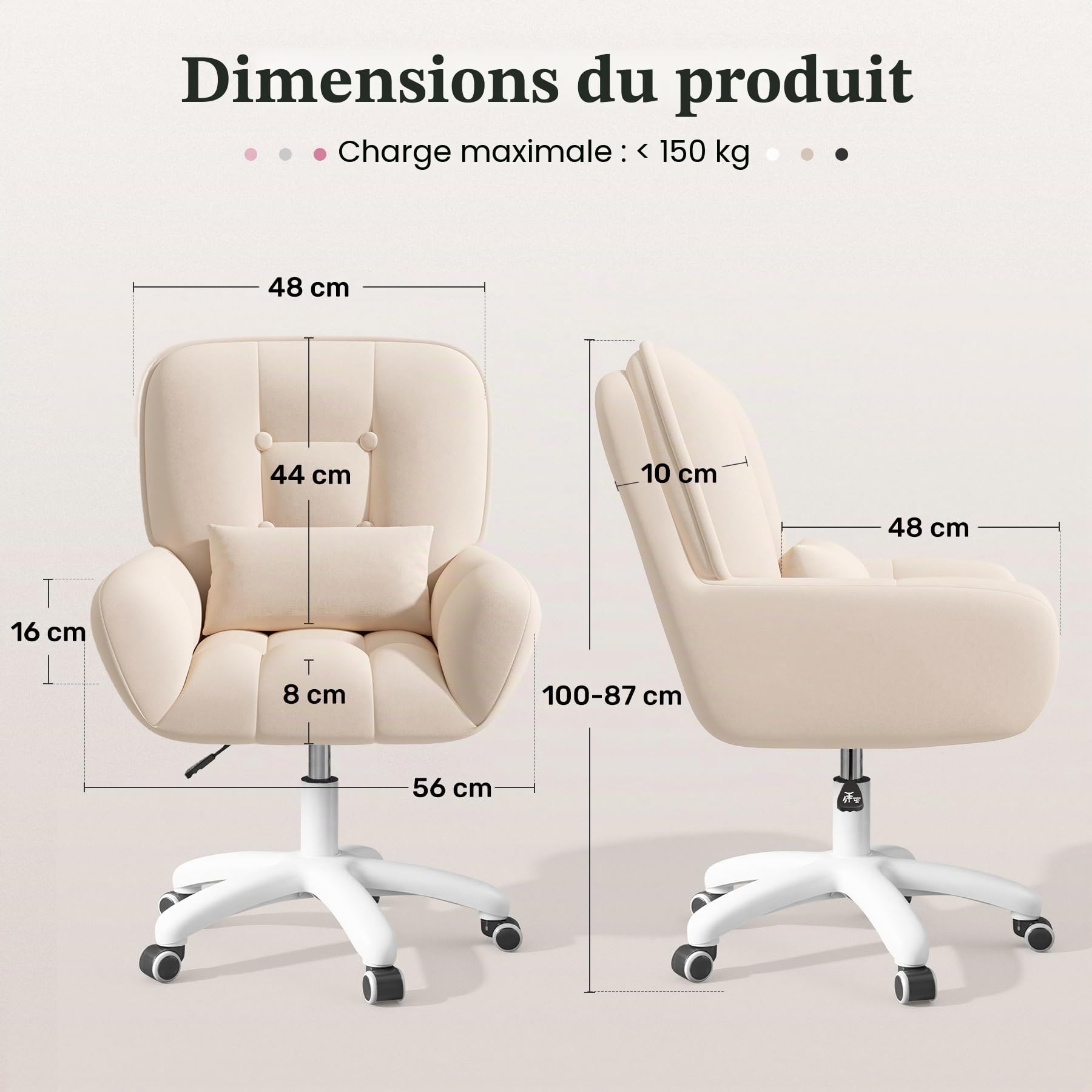 Bureau à Domicile et Chaise de Maquillage 2 en 1 Chaise pivotante Ergonomique en Velours 360° avec Coussin pour la tête, réglable en Hauteur pour Bureau ou Chambre à Coucher Beige