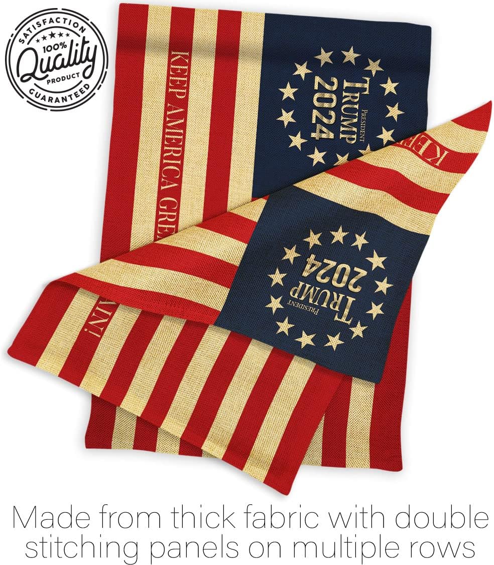 Trump Flag Keep America Again 2024 Burlap House Flag-Pack Patriotic Vote President Democrat Republican Tea Party United State American Election Vintage Applique Garden Yard Gift, Made in USA